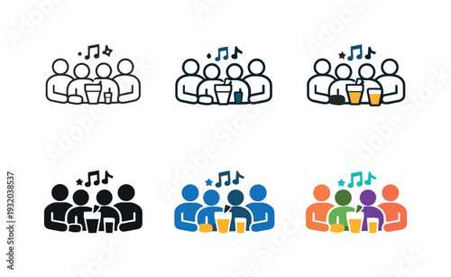 Leisure gathering icon featuring people sitting together with drinks and entertainment elements, symbolizing social experiences,