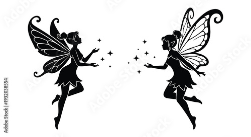 Two elegant fairies interact with sparkling stardust in a black silhouette