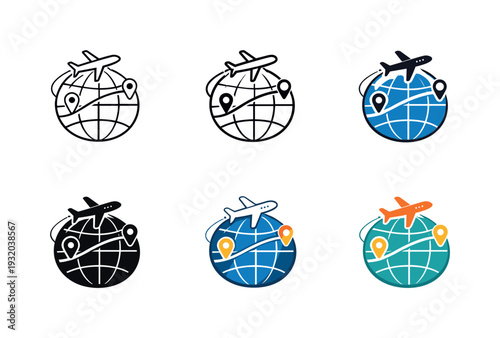 Global air travel symbol showing an airplane flying over a simplified globe with curved route lines and small location markers,