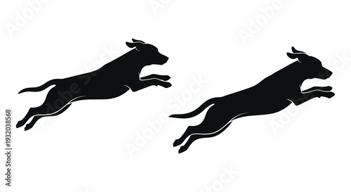 Two black silhouettes of dogs leaping mid air against a white background