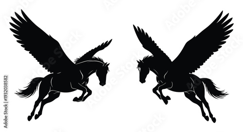 Two black silhouettes of pegasus horses with outstretched wings