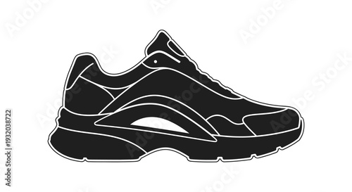 Black and white illustration of a single athletic running shoe