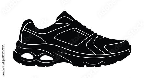 A black and white illustration of a single running shoes side view