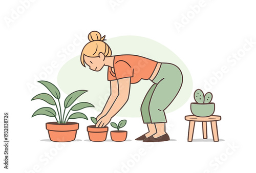 Morning person decorates a room with plants, leaning forward as pots are arranged and leaves arc gently | decorating room plants,