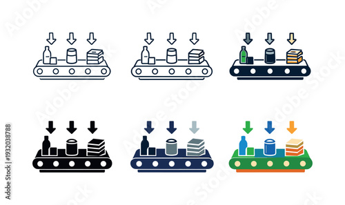Automated production line with bottles, cans, and boxes moving on a conveyor belt