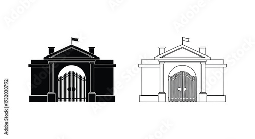 Two contrasting views of a classical building with a gated entrance