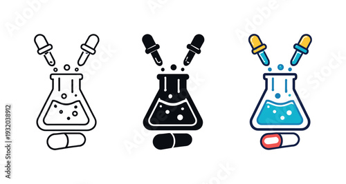Laboratory flask with droppers and capsule, representing scientific research and medicine development