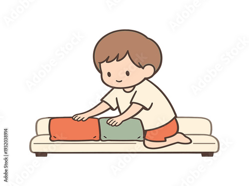 Soft child kneels placing cushions side by side on a low sofa while hands pause to straighten edges. | child arranging cushions,