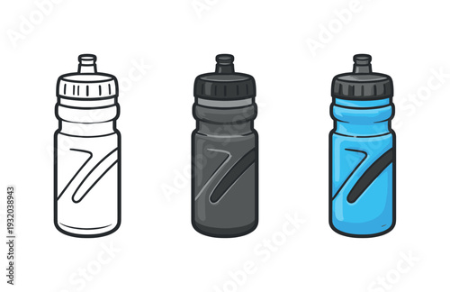 Set of three sports water bottles, outline, gray, and blue, with a black stripe design