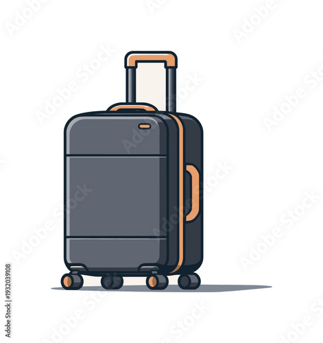 Modern dark gray rolling suitcase with yellow accents on a light background