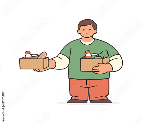 Calm volunteer hands out food parcels, posture steady as one parcel is released and another waits | volunteer food parcels, flat