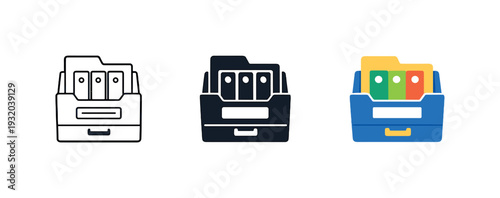 Organized document holder with folders and drawer, presented in three distinct icon styles