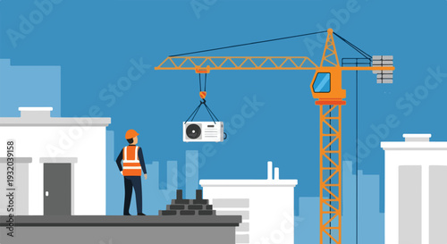 On a city rooftop, a construction worker in an orange vest watches a large crane hoist an AC unit into position against a blue sky.