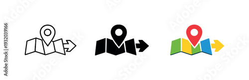 Map with location pin and directional arrow, representing navigation and travel