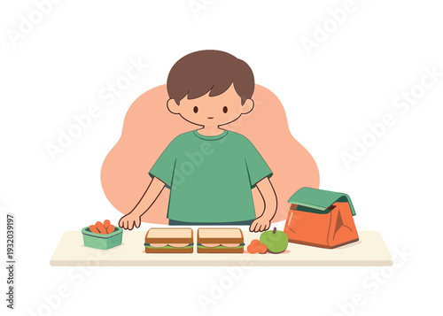 Cute cartoon boy preparing a healthy lunch with sandwiches, fruits, and vegetables