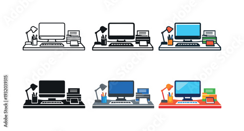 Organized Desk Icons. Organized workspace symbol depicting a desk with a computer, documents, stationery, and neatly arranged
