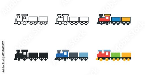 Collection of six different train icons in various styles and colors for design