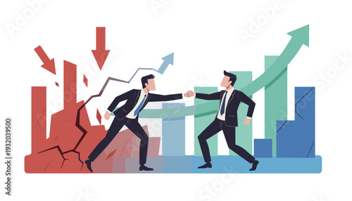 Businessman Helping Partner Transition from Financial Risk to Stable Growth Concept Vector Illustration of Two Professionals Supporting Each Other Amidst Market Crisis and Economic Success