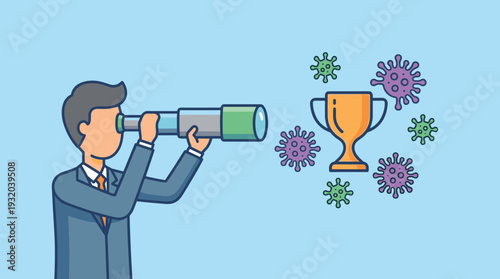 Businessman Looking Through Telescope at a Gold Trophy Cup Surrounded by Virus Pathogens, Concept of Business Vision, Success, and Overcoming Challenges During a Global Pandemic Crisis.