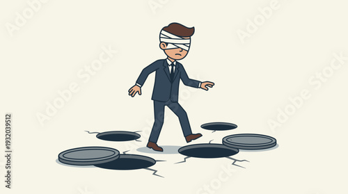 Blindfolded Businessman in Suit Walking Carefully Among Open Manholes and Traps, Concept of Business Risk, Uncertainty, Lack of Direction, and Navigating Dangerous Obstacles in Corporate World