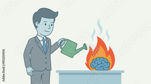 Businessman Using a Watering Can to Extinguish Fire on a Burning Brain, Concept of Mental Health Support, Stress Management, Burnout Prevention, Psychological Therapy, and Emotional Well-being.