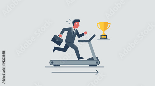 Exhausted businessman in suit running on treadmill with briefcase, sweating while chasing a gold trophy, concept of hopeless effort, corporate rat race, and the struggle for elusive success.