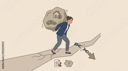 Businesswoman Struggling Under Heavy Burden of House and Car Debts, Stressed Woman Carrying Huge Rock Representing Financial Crisis, Bankruptcy, and Mortgage Problems on Cracked Path Illustration