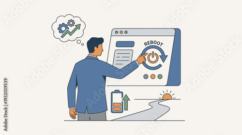 Businessman Reaching to Press Reboot or Restart Button for Career Refresh and Business Strategy Transformation with Growth Mindset, Energy Renewal, and a New Path Towards Success Concept.
