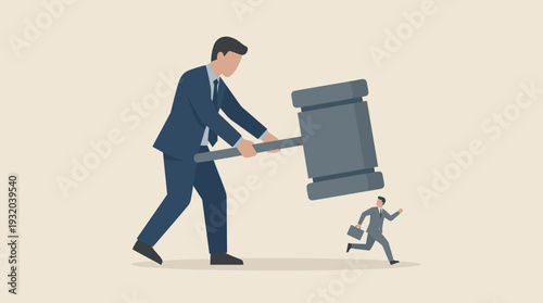 Large Corporate Executive Using a Giant Gavel to Crush a Small Business Owner, Concept of Unfair Competition, Market Monopoly, Legal Pressure, and Power Struggle in the Modern Business World.