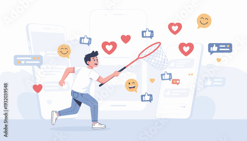 Man Running with a Butterfly Net to Catch Social Media Likes, Hearts, and Emojis on Smartphones; Concept of Seeking Validation, Digital Popularity, and Engagement in Online Social Networks.