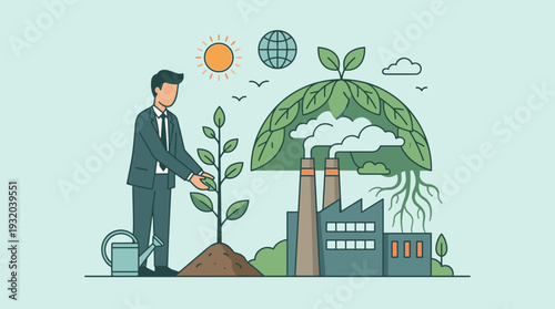 Eco-friendly sustainable concept with businessman planting tree and industrial factory under green leaf dome to reduce pollution, stop climate change, and promote global warming awareness.