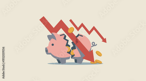 Economic Crisis and Financial Loss Concept with Broken Piggy Bank and Red Downward Arrow Symbolizing Stock Market Crash, Inflation, Recession, Bankruptcy, and Loss of Personal Savings and Wealth