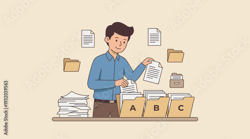 Businessman organizing paper documents into alphabetical folders on a desk, concept of efficient file management, office administration, archiving data, and professional workflow vector illustration