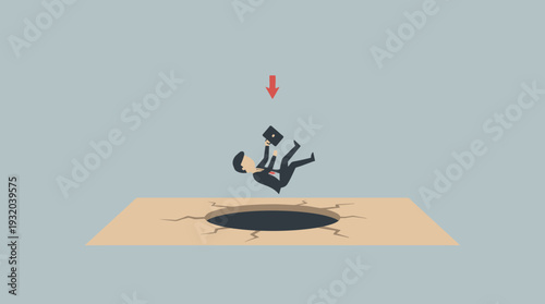 Businessman falling into a deep dark hole with a red downward arrow, representing business failure, financial crisis, economic recession, risk management, professional mistakes, and bankruptcy.