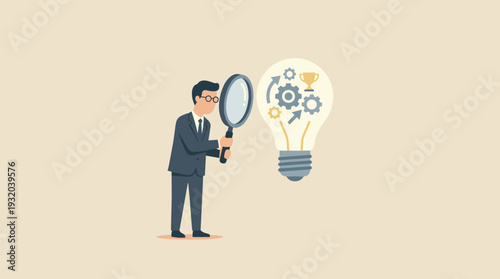 Businessman looking through magnifying glass at lightbulb with gears and trophy inside, representing in-depth analysis for competitive advantage, strategic business insight, and innovation.