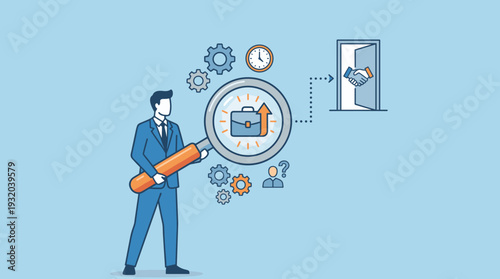 Businessman Holding Large Magnifying Glass Searching for New Job Opportunity and Career Growth, Concept of Recruitment, Human Resources, Employment, Professional Hiring Process and Success