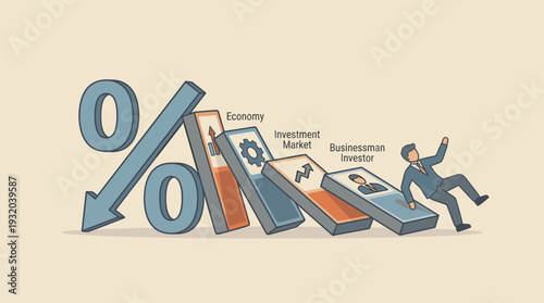 Interest Rate and Inflation Impact Concept with Falling Percentage Sign Causing Domino Effect on Economy, Investment Market, and Businessman Investor; Financial Crisis and Market Crash Vector