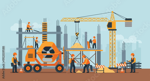A flat vector illustration portrays a busy construction site with workers, a crane, and a cement mixer involved in building a multi-story structure.