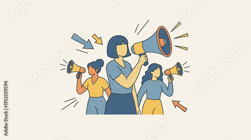 Join Us Vector Illustration Concept of Diverse Women Shouting on Megaphones for Recruitment, Hiring, and Social Activism. Flat Design of Female Characters Announcing News, Calling for Team Members.