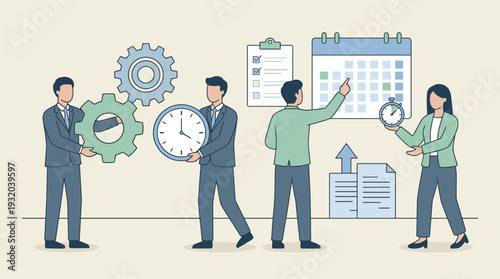 Professional business team managing time and tasks with gears, clock, calendar, and checklist. Concept of effective planning, productivity, and efficiency at work for corporate success.