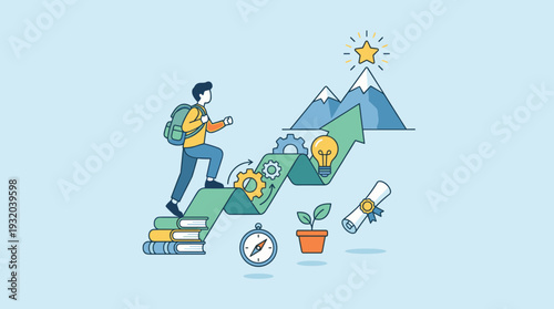 Personal Development and Career Growth Concept Illustration with a Person Climbing an Arrow Towards a Goal Star on a Mountain Peak, Featuring Education, Learning, and Achievement Icons.