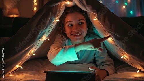 Happy child smiling under cozy blanket fort with string lights