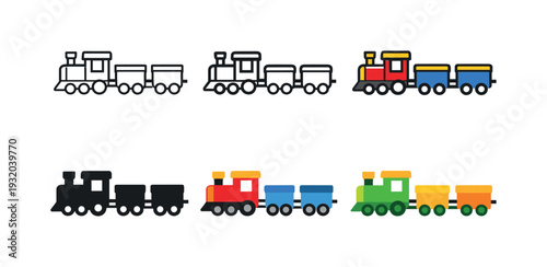 Collection of stylized train icons in various designs and colors for graphic design