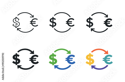 Currency exchange icon illustrating two opposing currency symbols connected by circular arrows to represent conversion and