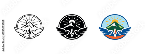 Symbol of two doves flying towards a mountain peak under the sun