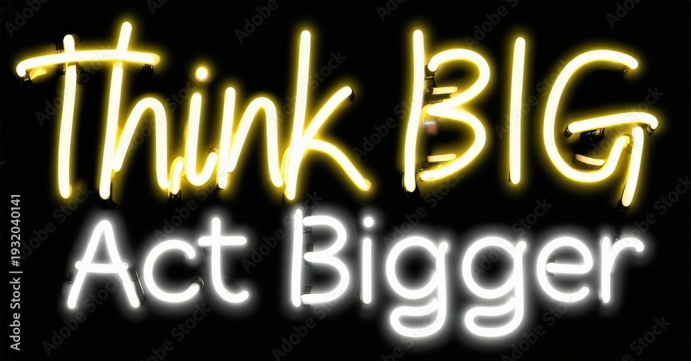 Naklejka premium Bright neon sign displays motivational phrase. Text reads Think BIG Act Bigger against black background. Simple, bold design.