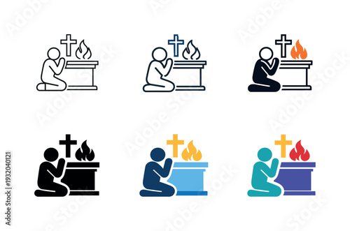 Faith and devotion icon showing a person kneeling with hands together in prayer in front of a symbolic altar or spiritual element