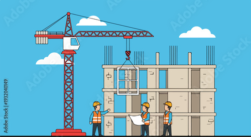 A tower crane lifts a window frame towards a multi-story building under construction, observed by three workers with blueprints.