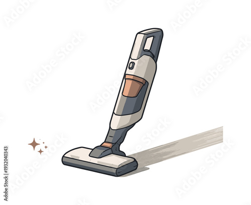 Modern cordless stick vacuum cleaner with sparkling clean effect on a light background