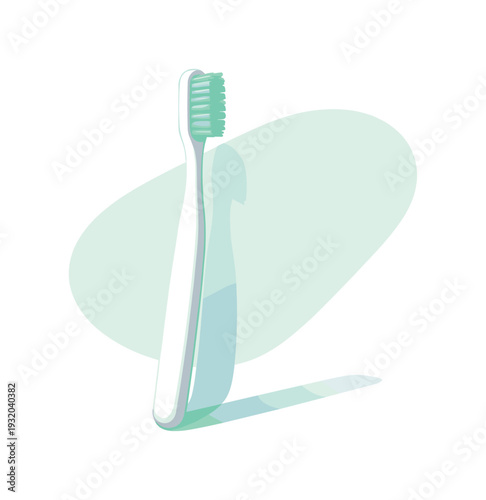 Simple white toothbrush with green bristles and a soft shadow on a light background